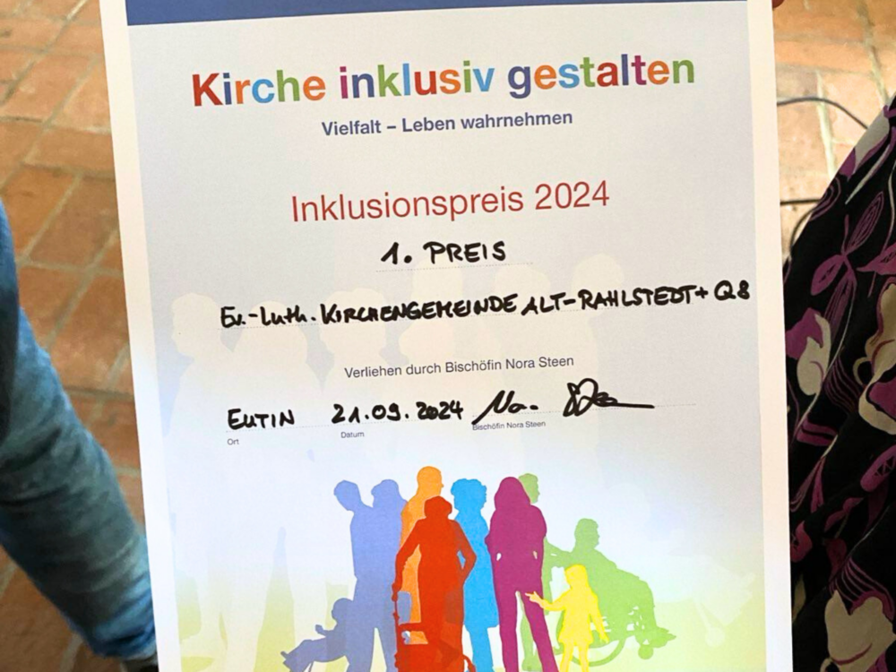 Urkunde zum ersten Platz des Inklusionspreises der Nordkirche für das ESA-Projekt Q8.