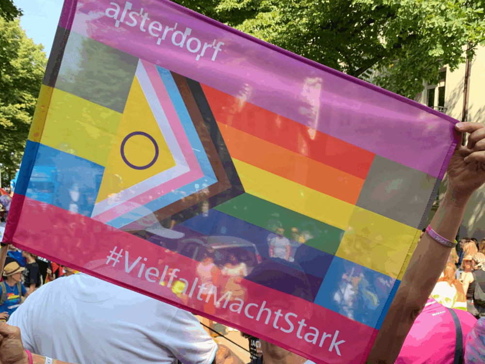 Eine Frau hält die Pride Flag in die Kamera. Auf der Flagge steht Vielfalt macht Stark