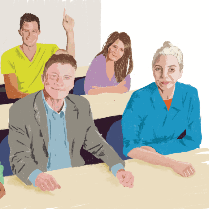 Vier gezeichnete Menschen sitzen an zwei Tischen. Einer hinten links meldet sich